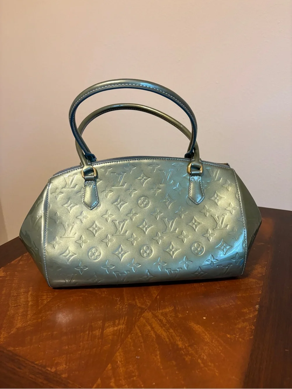 Louis Vuitton Metallic Sage Green Monogram Shoulder Bag with Flower Charm